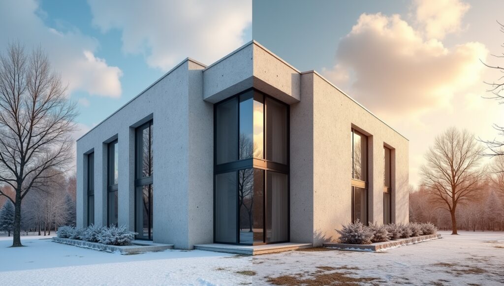 نمای گرانیتی نمای بیرونی یک ساختمان در منطقه برفی با نمای گرانیت مروارید